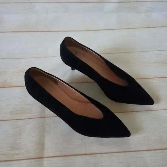 J. Crew Suede Leather Kitten Heels Pointy Toe Slide Women Shoes Size 6 1/2 Black - Picture 5 of 13